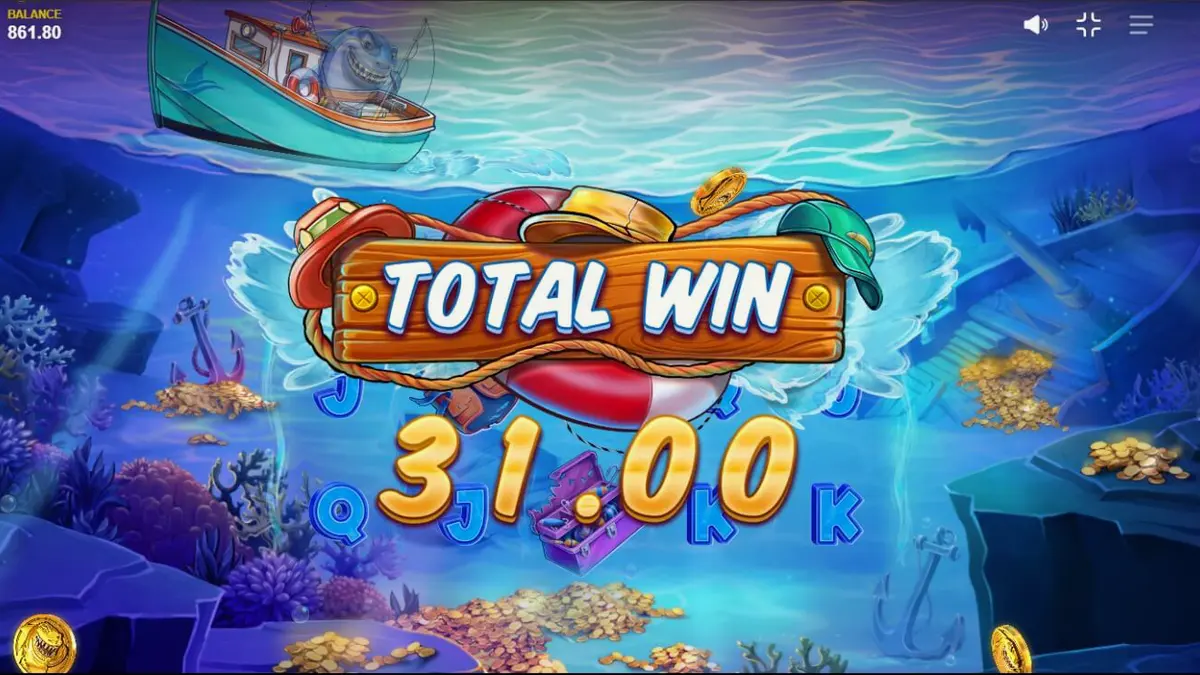 Tampilan visual slot Shark Boss dengan hiu di atas perahu